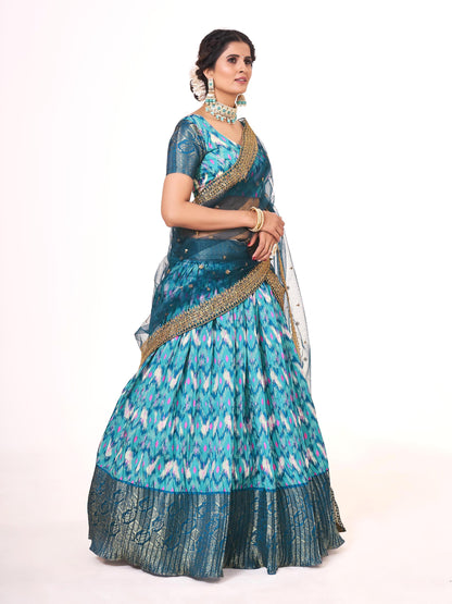 Blue & Firozi Digital Printed Weaving Work Banarasi Pattu Half Saree Lehenga