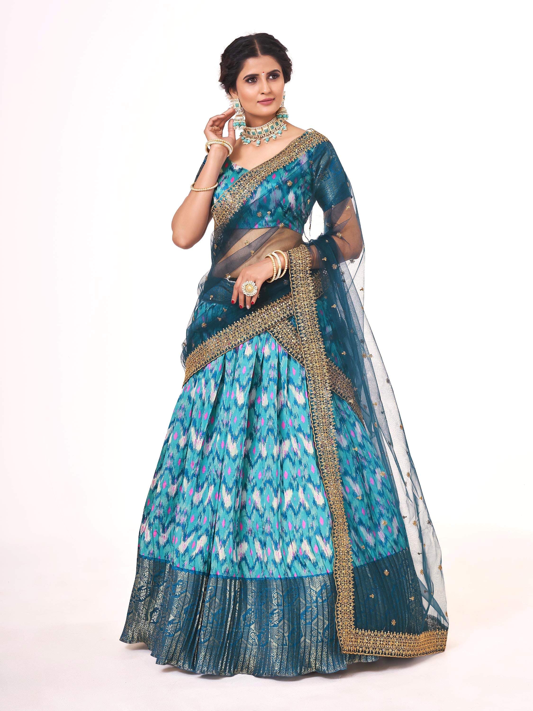 Blue & Firozi Digital Printed Weaving Work Banarasi Pattu Half Saree Lehenga
