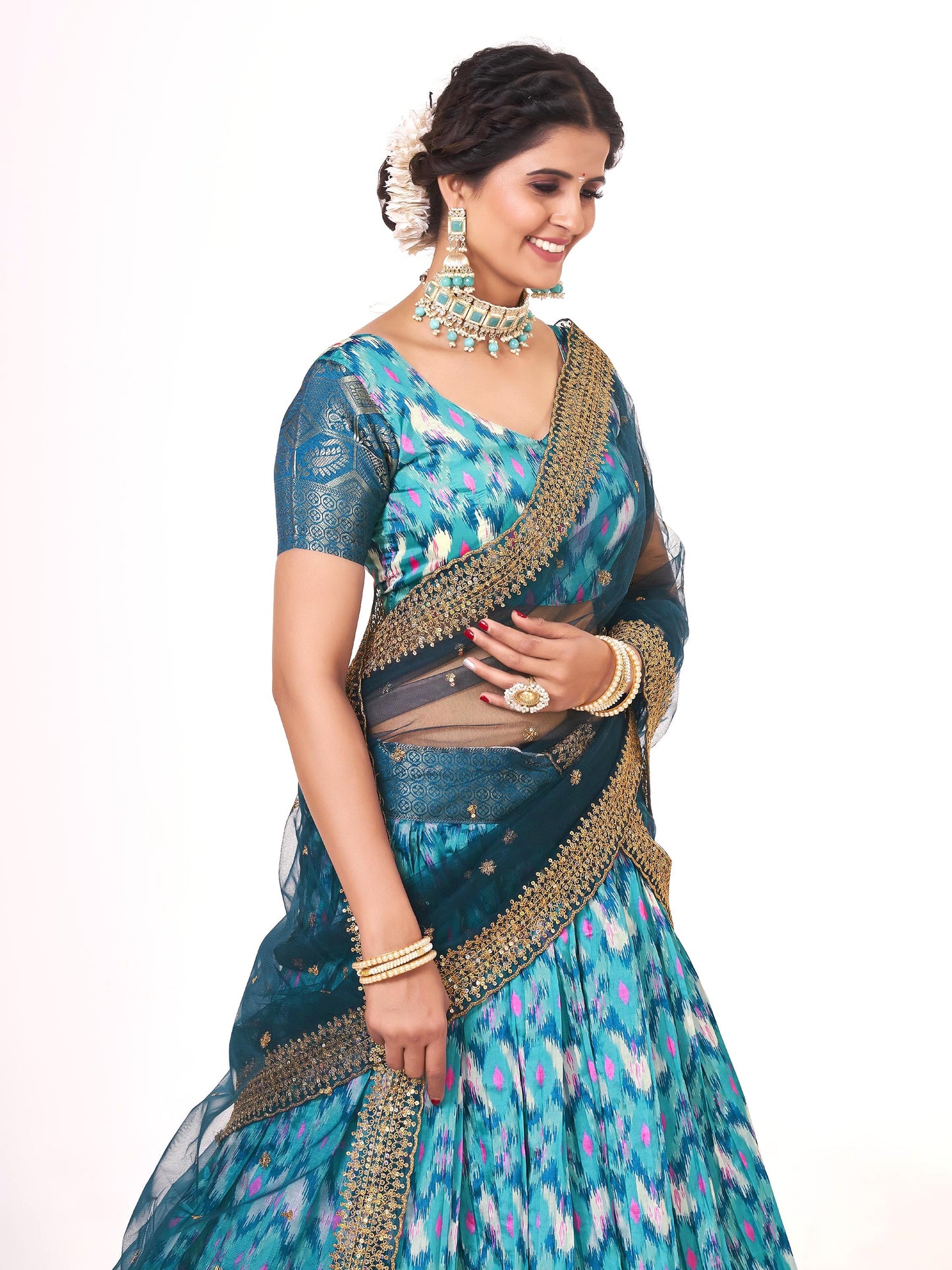 Blue & Firozi Digital Printed Weaving Work Banarasi Pattu Half Saree Lehenga