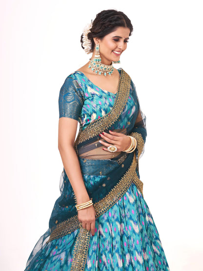 Blue & Firozi Digital Printed Weaving Work Banarasi Pattu Half Saree Lehenga