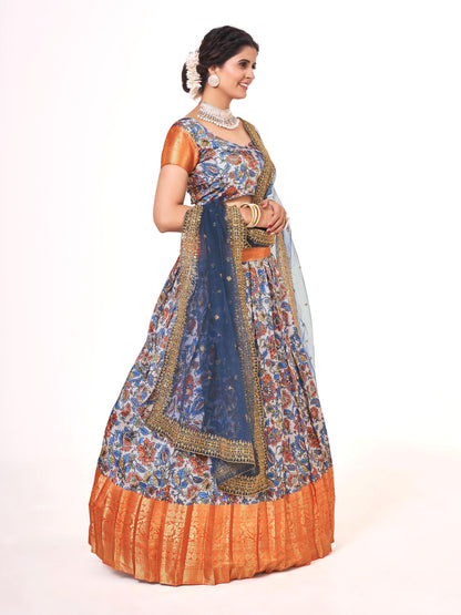 Light Grey & Orange Weaving Work and Floral Printed Banarasi Silk Pattu Half Saree