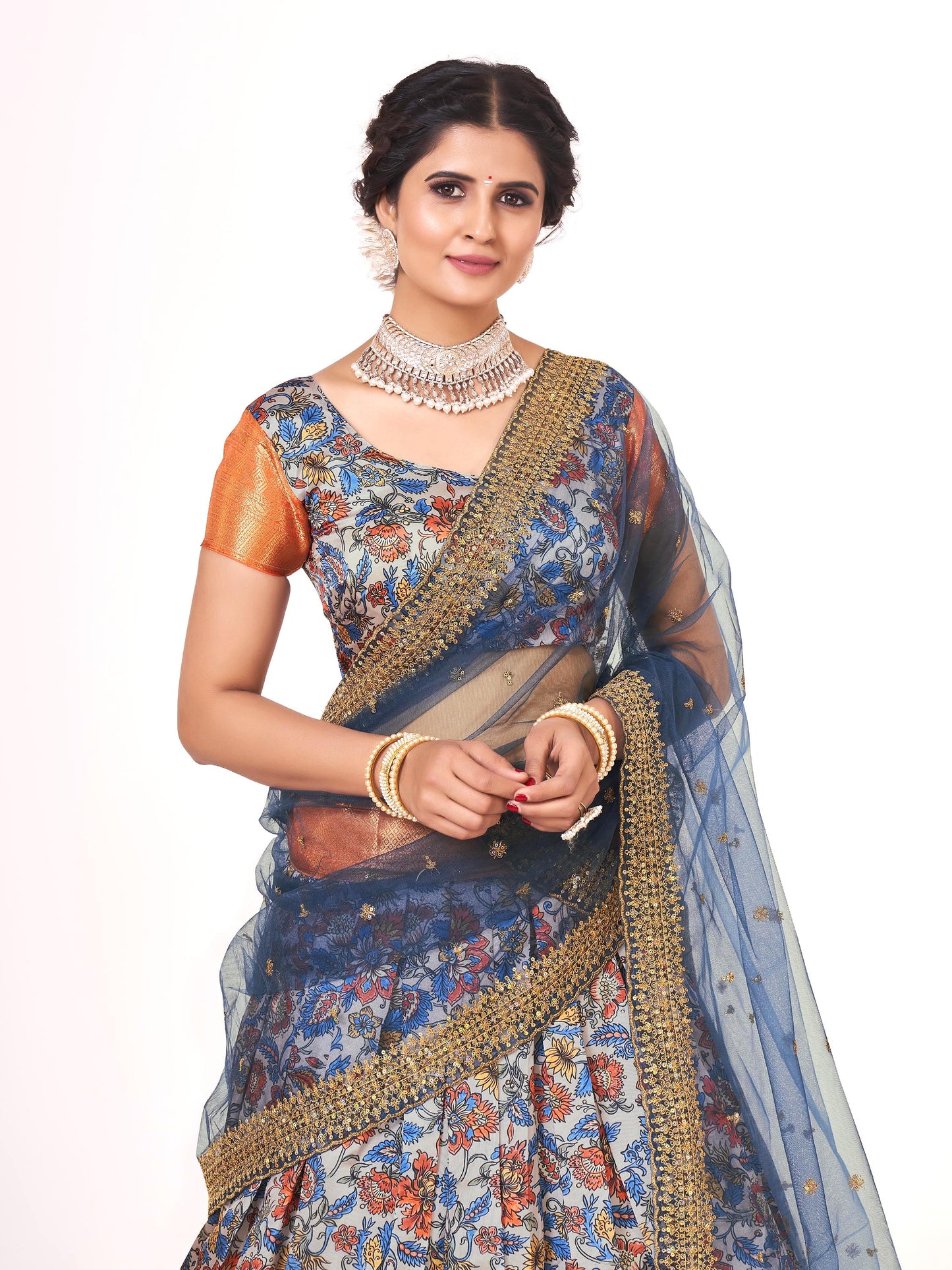 Light Grey & Orange Weaving Work and Floral Printed Banarasi Silk Pattu Half Saree