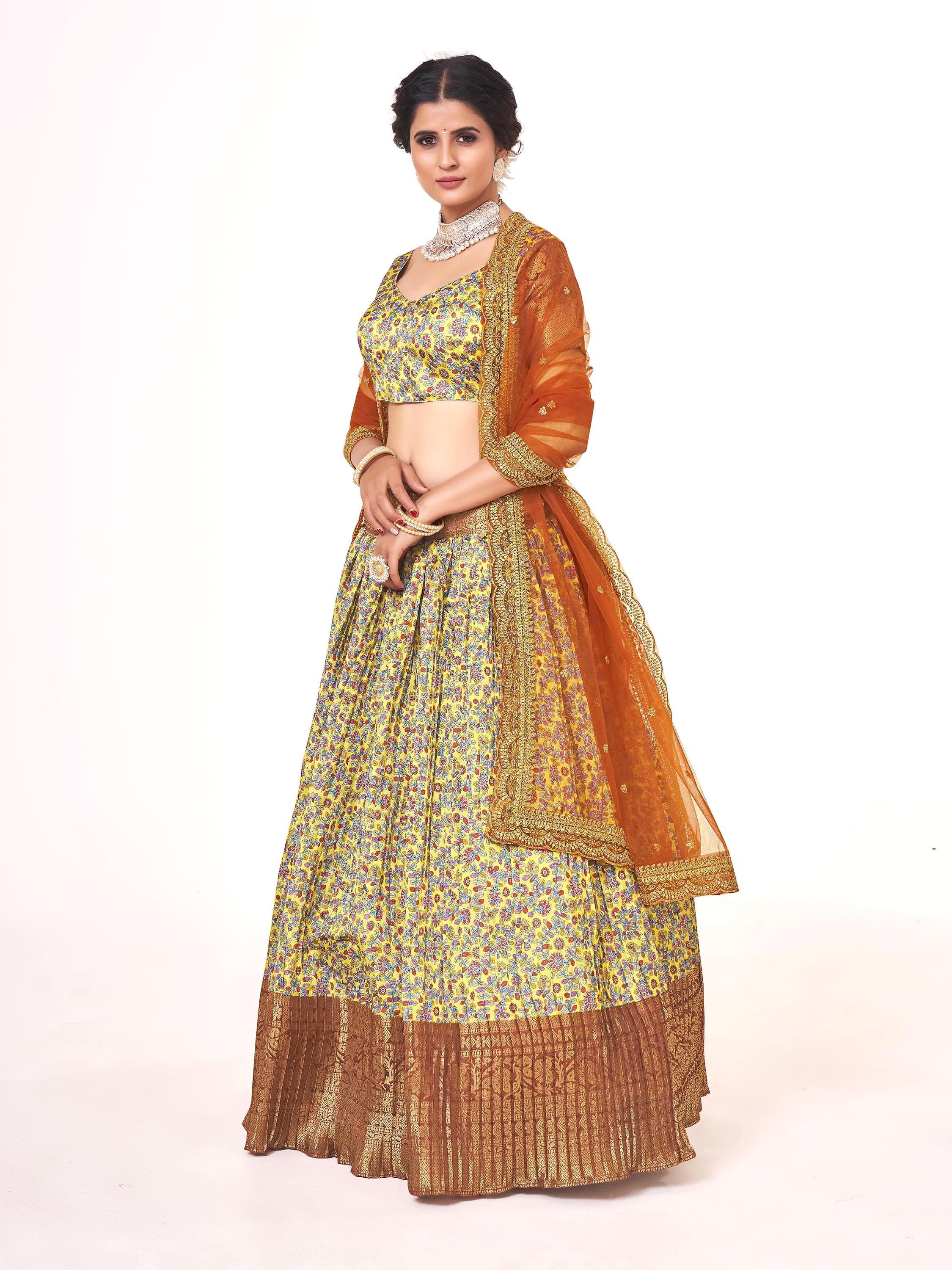 Beautiful Yellow & Brown Weaving Work Floral Printed Banarasi Silk Half Saree Lehenga Choli