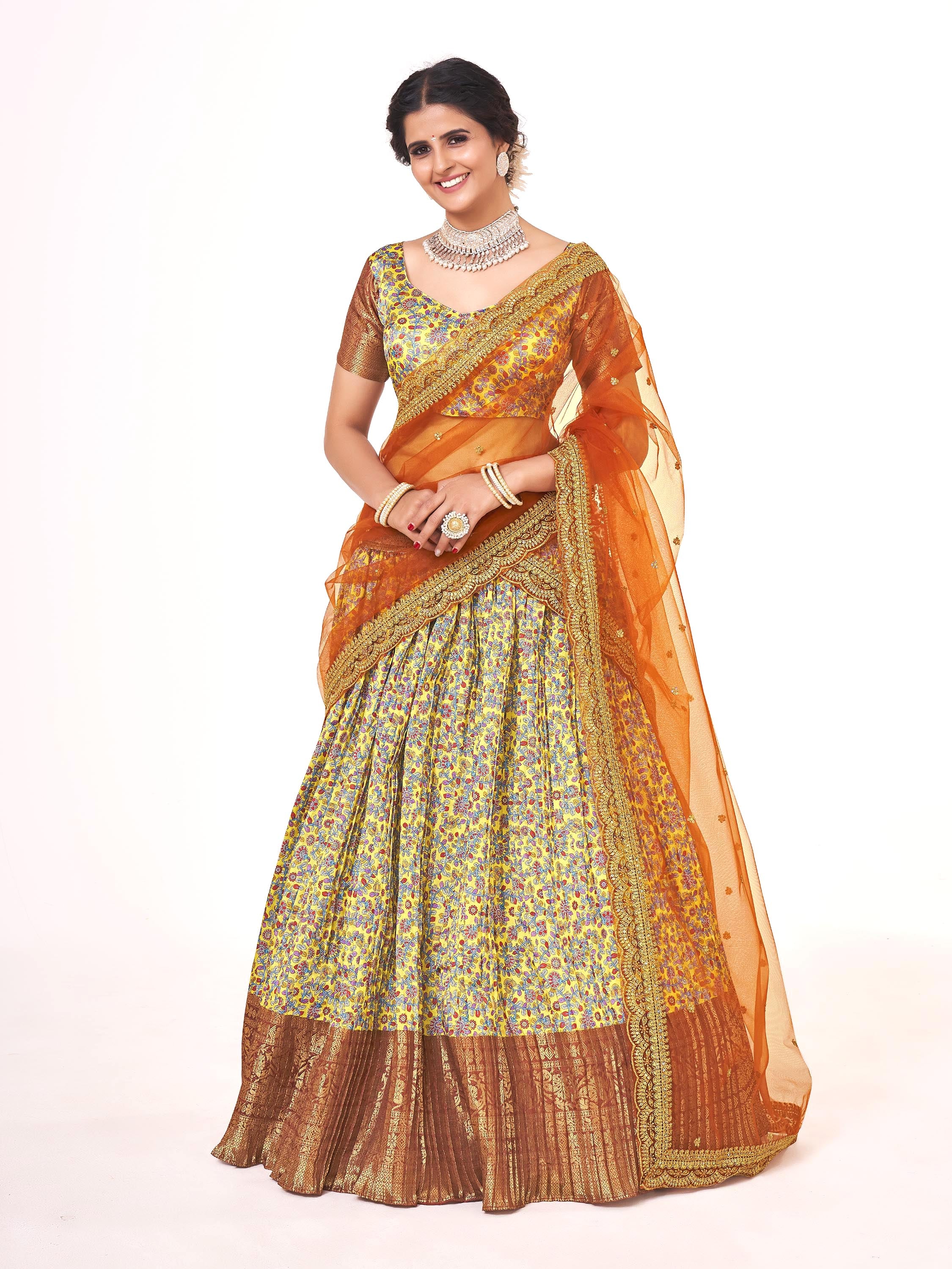 Beautiful Yellow & Brown Weaving Work Floral Printed Banarasi Silk Half Saree Lehenga Choli