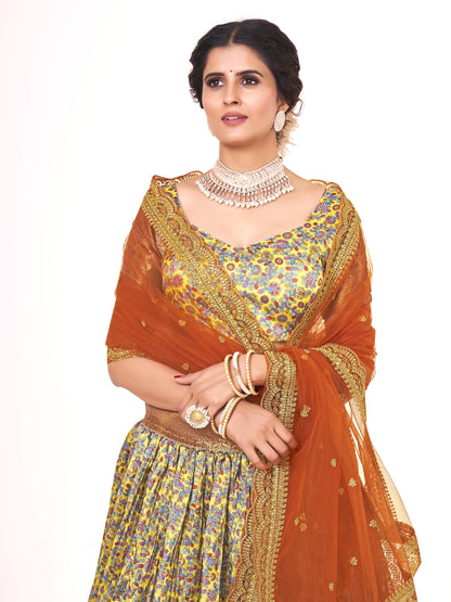 Beautiful Yellow & Brown Weaving Work Floral Printed Banarasi Silk Half Saree Lehenga Choli