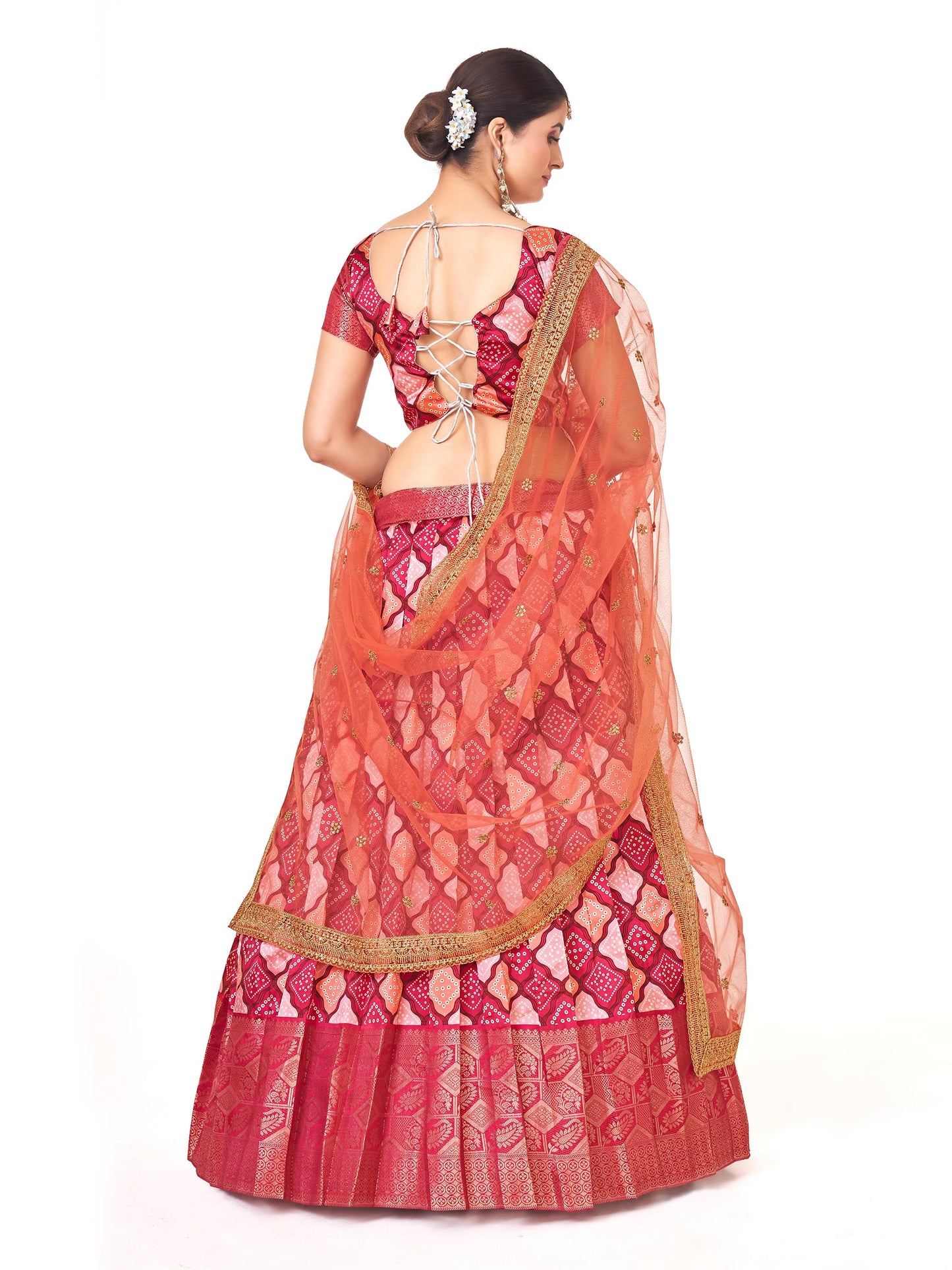Traditional Pink Weaving Work And Digital Printed Banarasi Pattu Half Saree Lehenga Choli