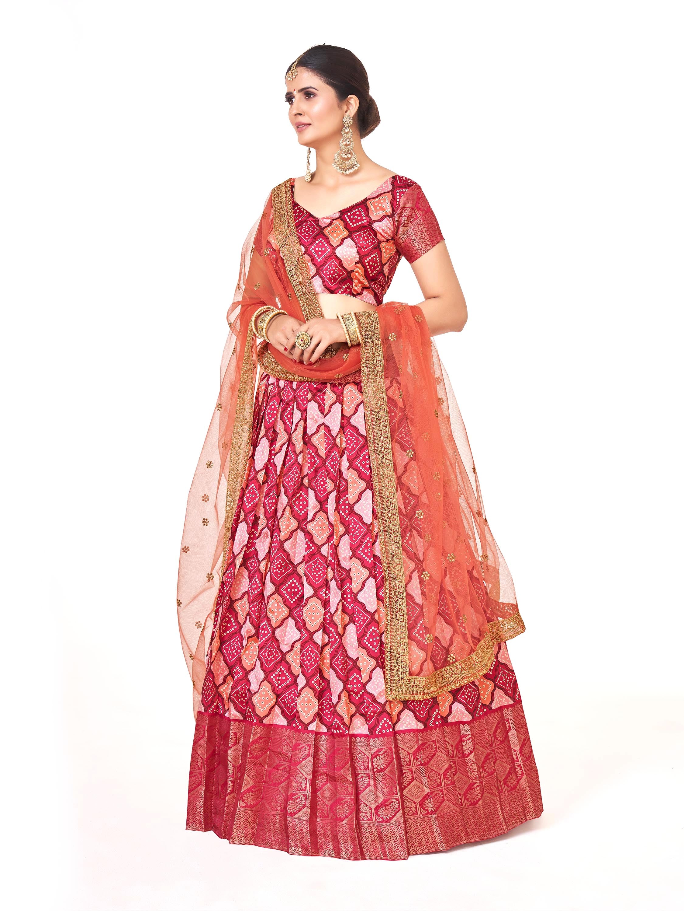 Traditional Pink Weaving Work And Digital Printed Banarasi Pattu Half Saree Lehenga Choli