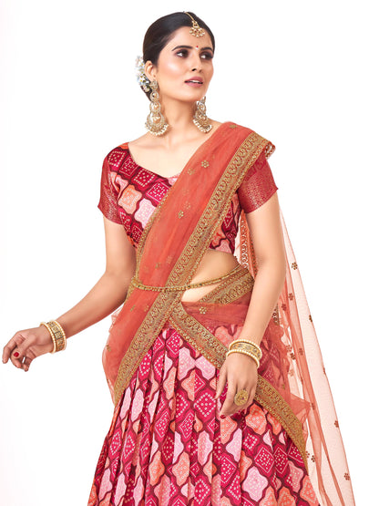 Traditional Pink Weaving Work And Digital Printed Banarasi Pattu Half Saree Lehenga Choli