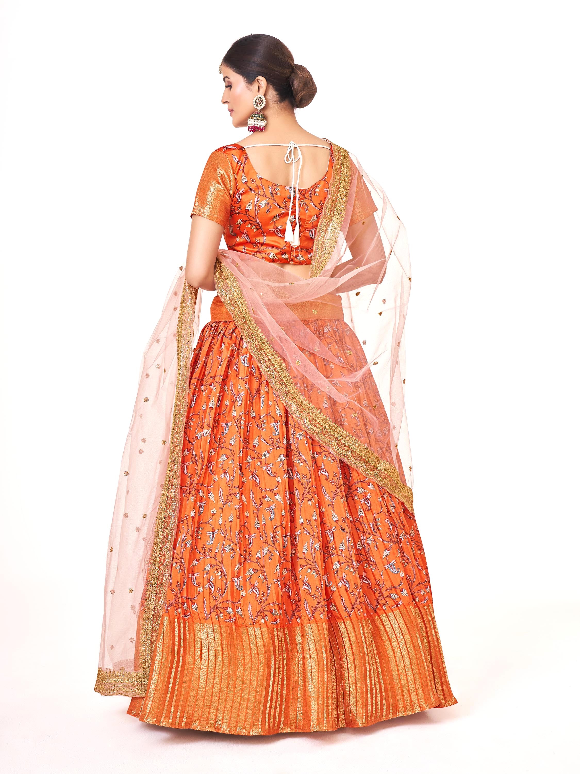 Orange Floral With Banarasi Jari Border Half Saree With Langa Davani