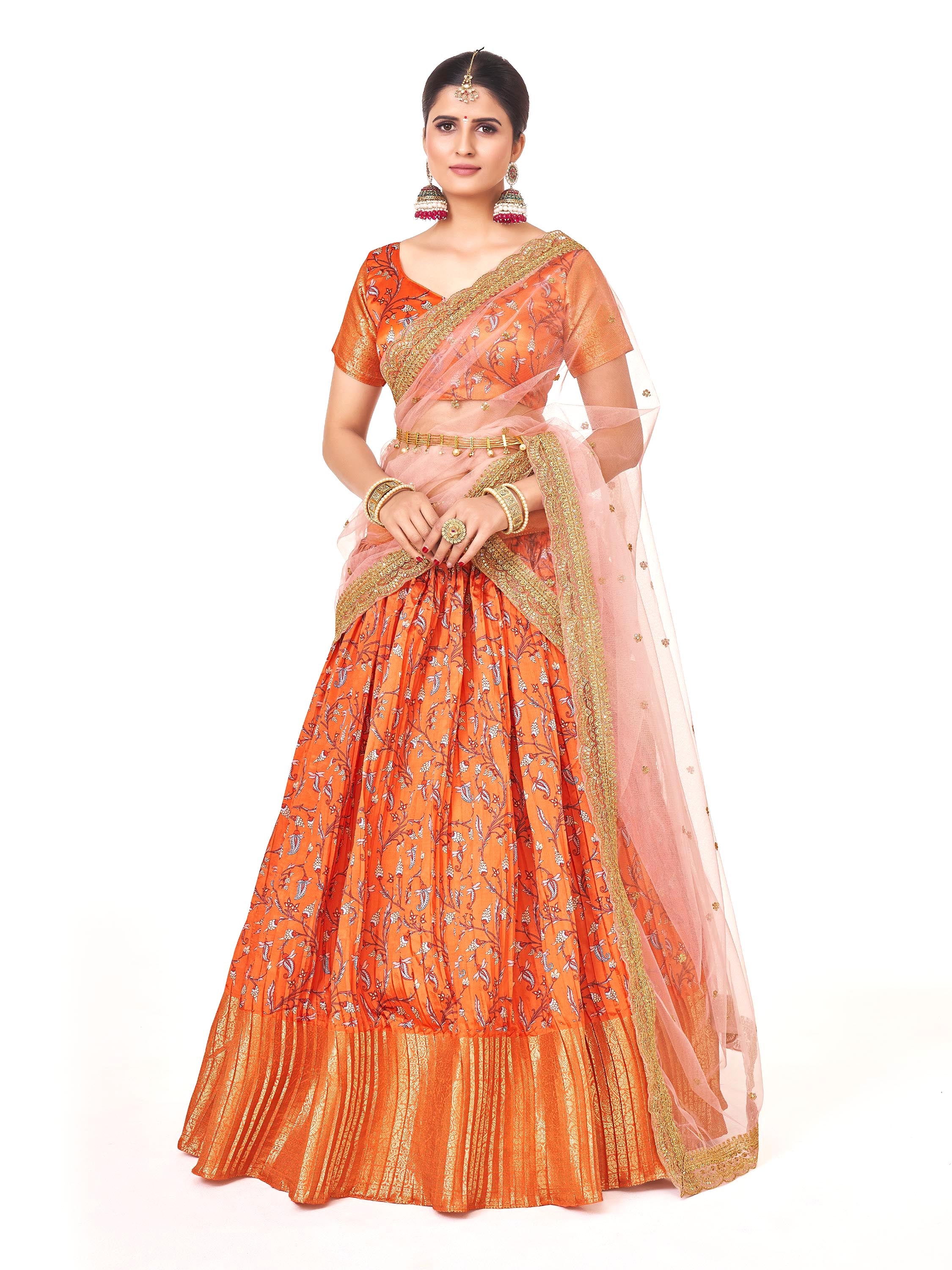 Orange Floral With Banarasi Jari Border Half Saree With Langa Davani