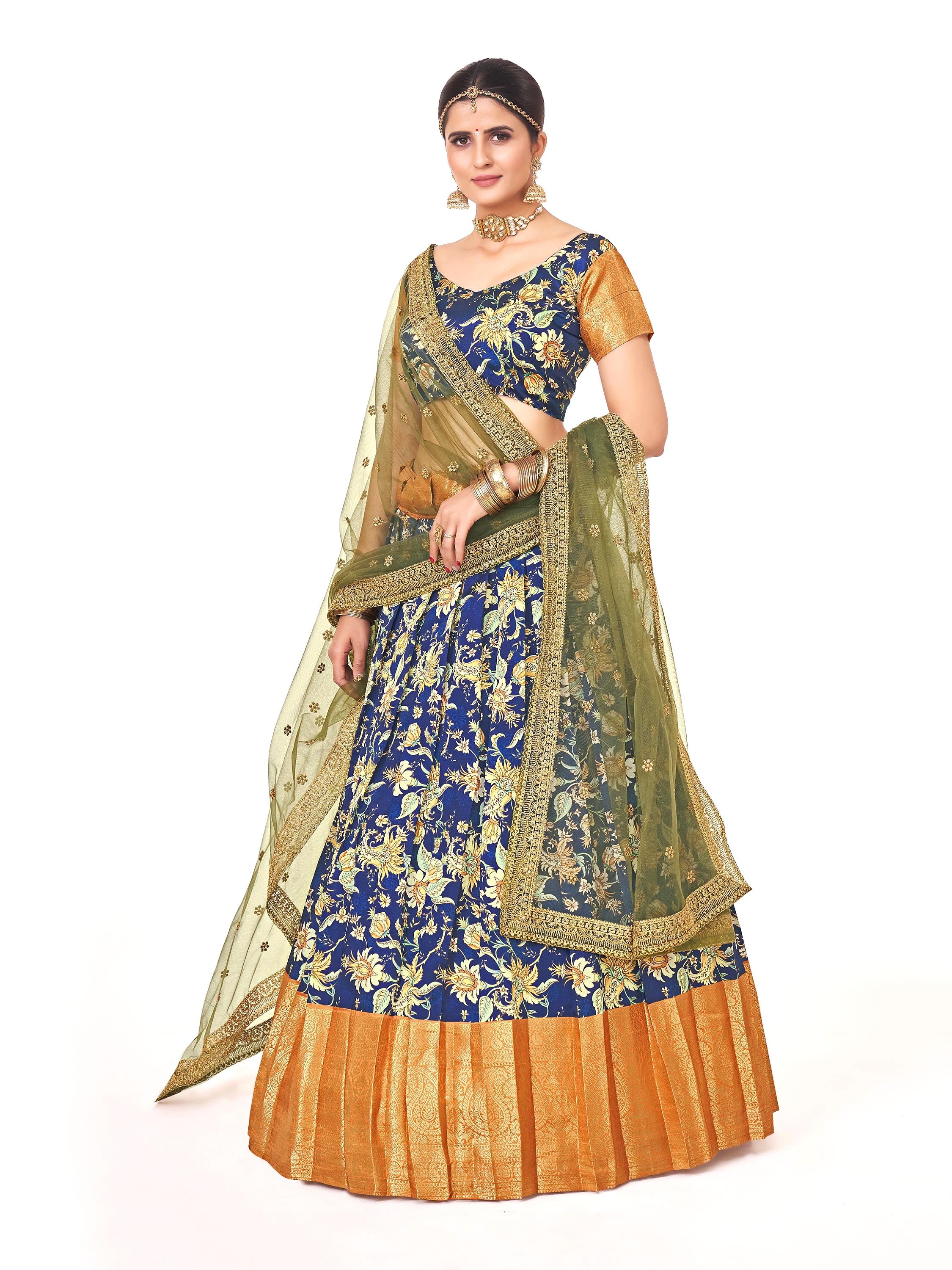 Navy Blue & Golden Weaving Work and Floral Printed Banarasi Silk Pattu Half Saree