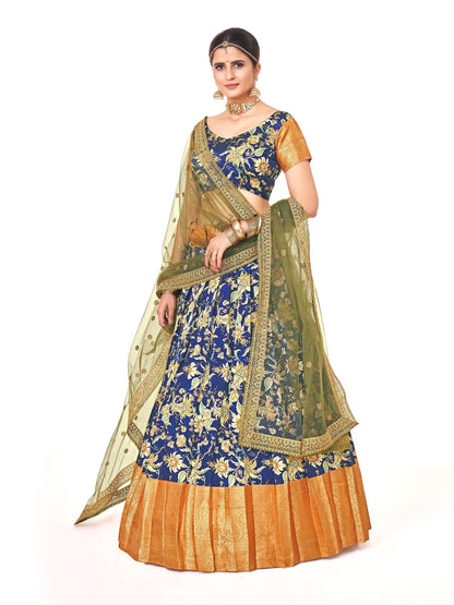 Navy Blue & Golden Weaving Work and Floral Printed Banarasi Silk Pattu Half Saree