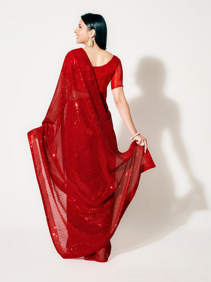 Ruby Red Fully Sequined Georgette Party Wear Saree