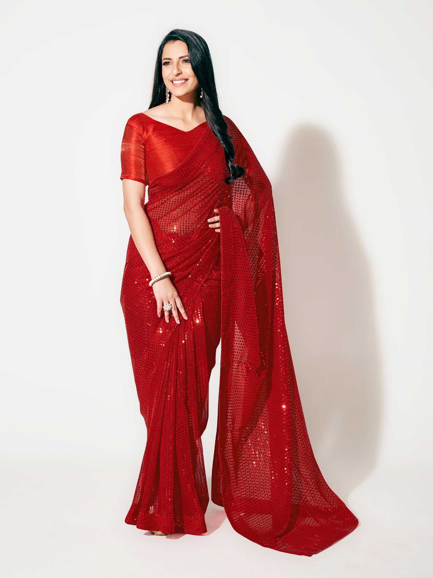 Ruby Red Fully Sequined Georgette Party Wear Saree