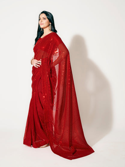 Ruby Red Fully Sequined Georgette Party Wear Saree