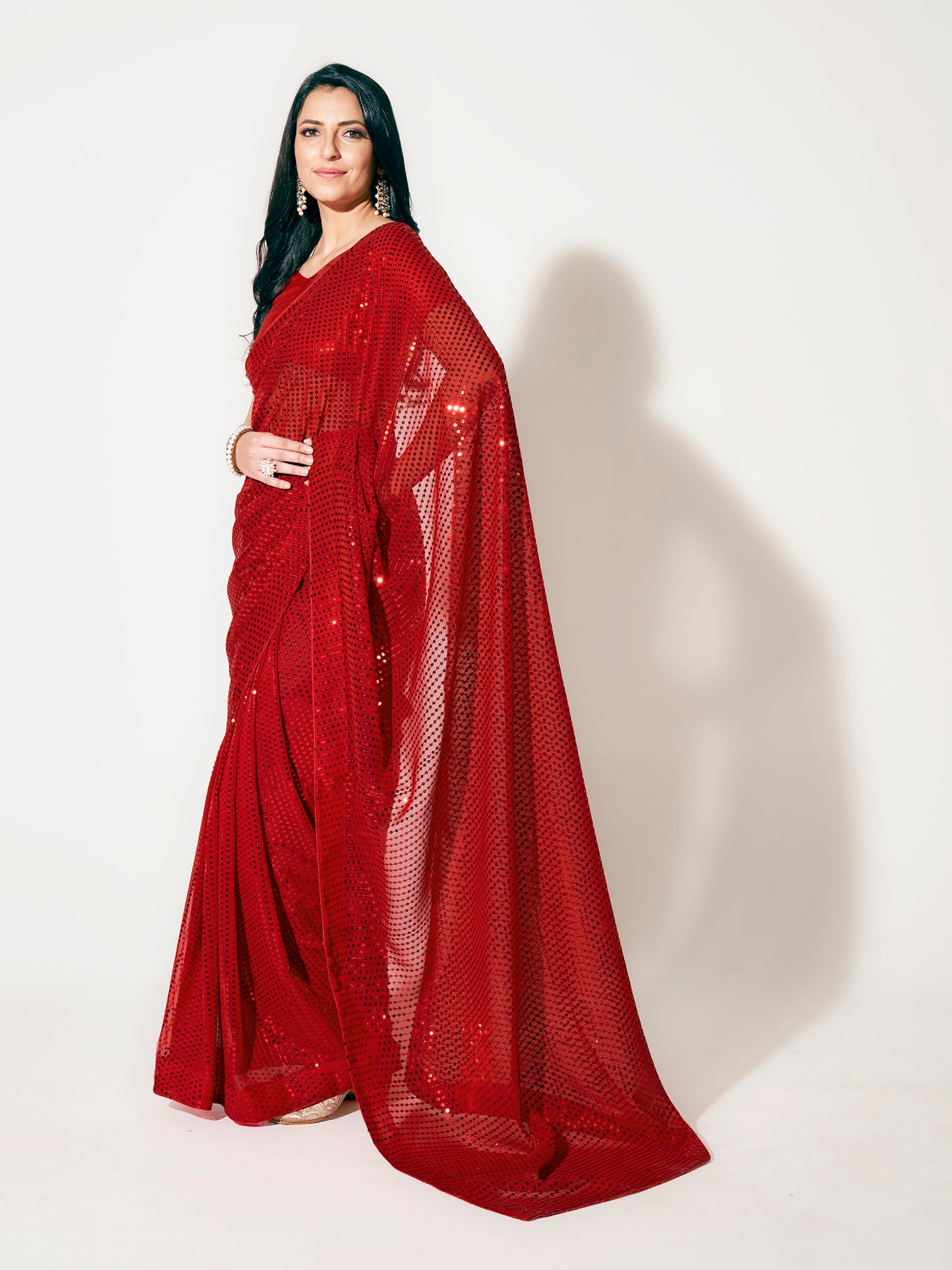 Ruby Red Fully Sequined Georgette Party Wear Saree