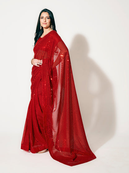 Ruby Red Fully Sequined Georgette Party Wear Saree