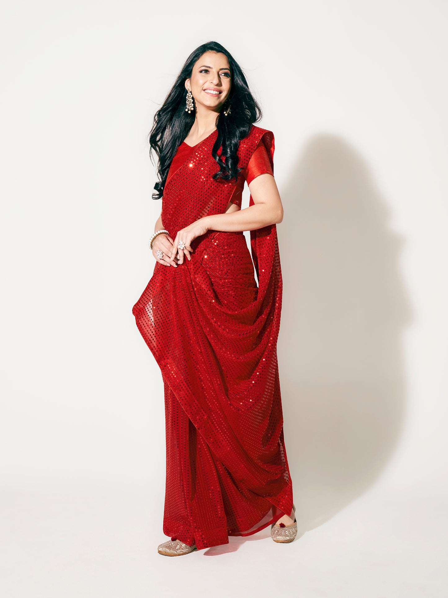 Ruby Red Fully Sequined Georgette Party Wear Saree
