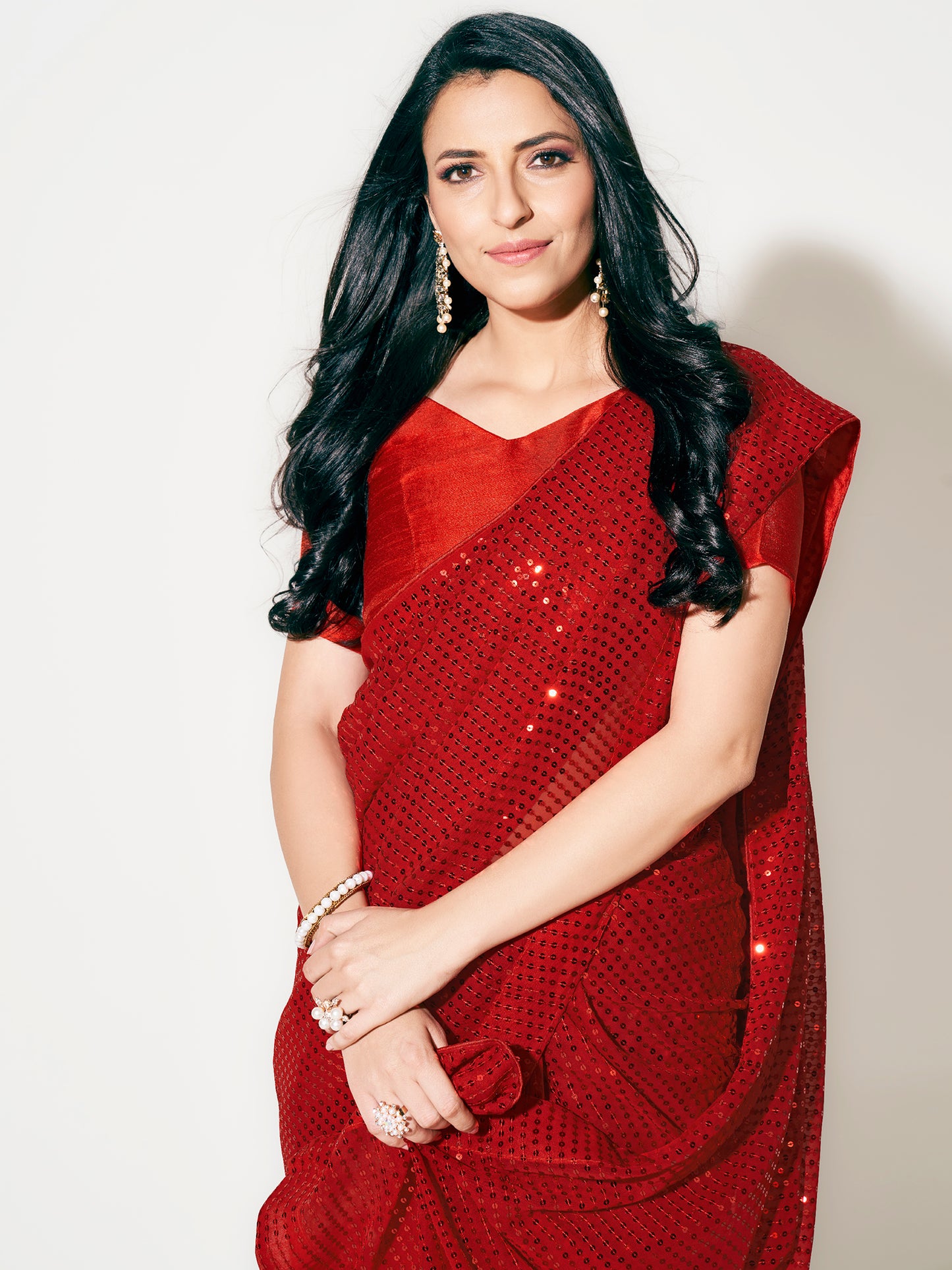 Ruby Red Fully Sequined Georgette Party Wear Saree