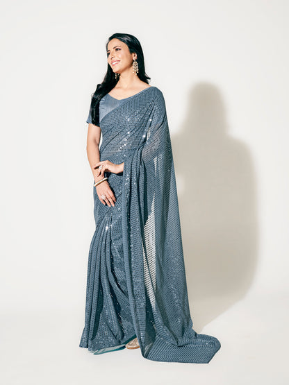 Grey Color Sequins Work Party Wear Designer Saree