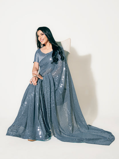Grey Color Sequins Work Party Wear Designer Saree