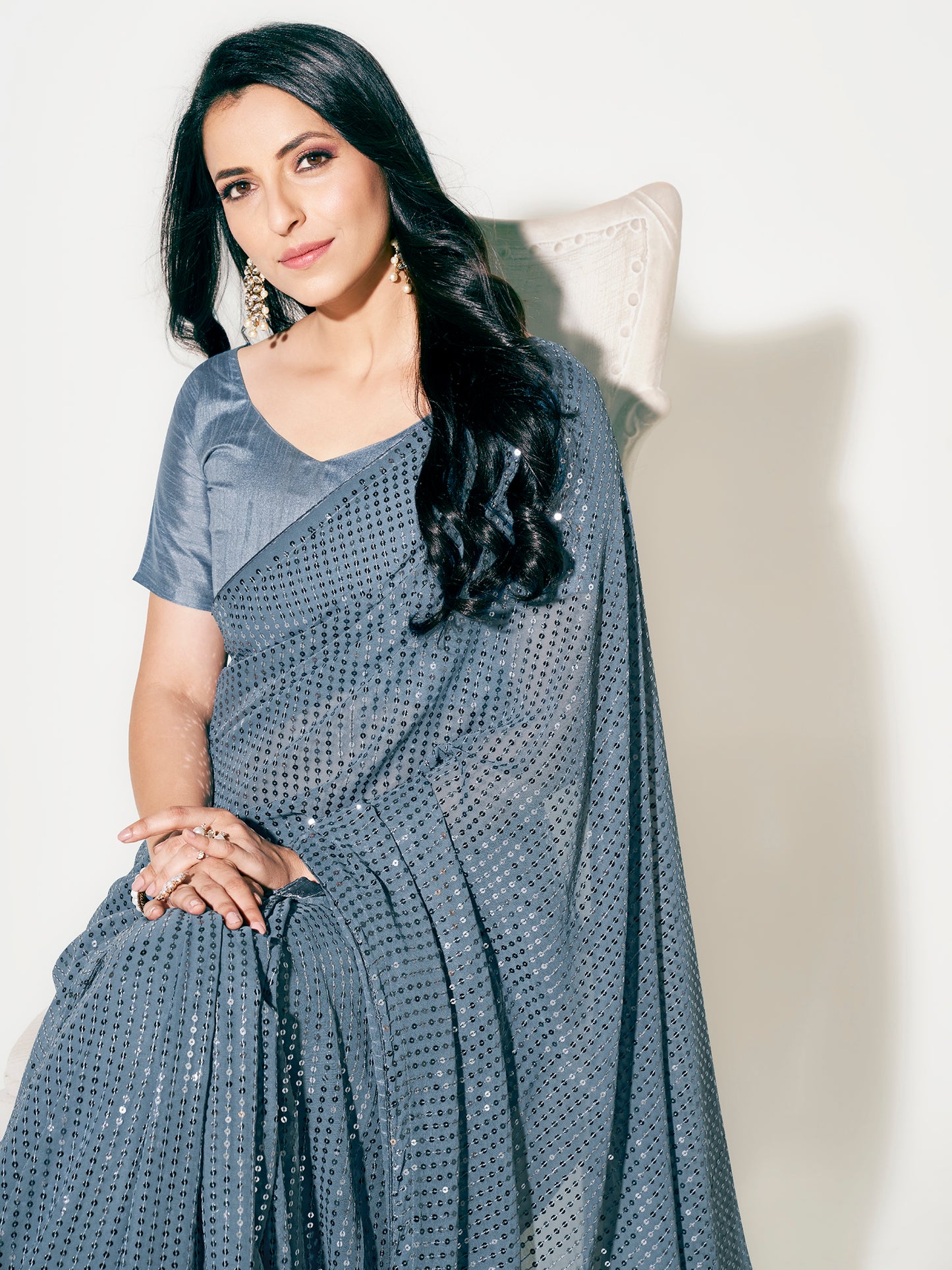 Grey Color Sequins Work Party Wear Designer Saree