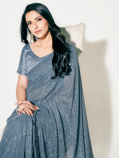 Grey Color Sequins Work Party Wear Designer Saree