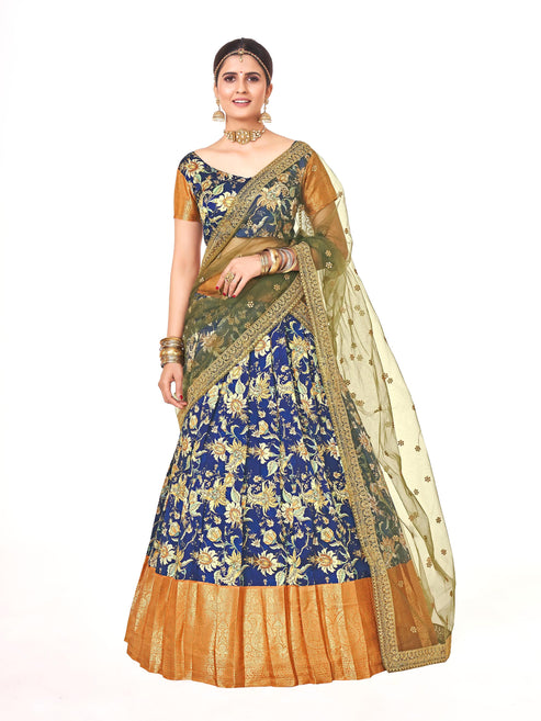 Navy Blue & Golden Weaving Work and Floral Printed Banarasi Silk Pattu Half Saree