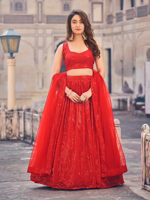 Premium Red Color Sequined Georgette Party Wear lehenga Choli