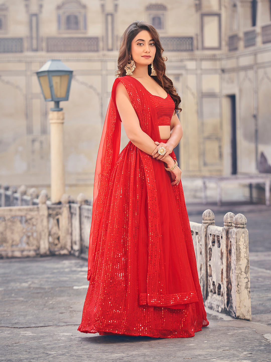 Premium Red Color Sequined Georgette Party Wear lehenga Choli