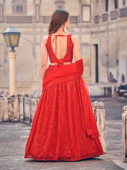 Premium Red Color Sequined Georgette Party Wear lehenga Choli