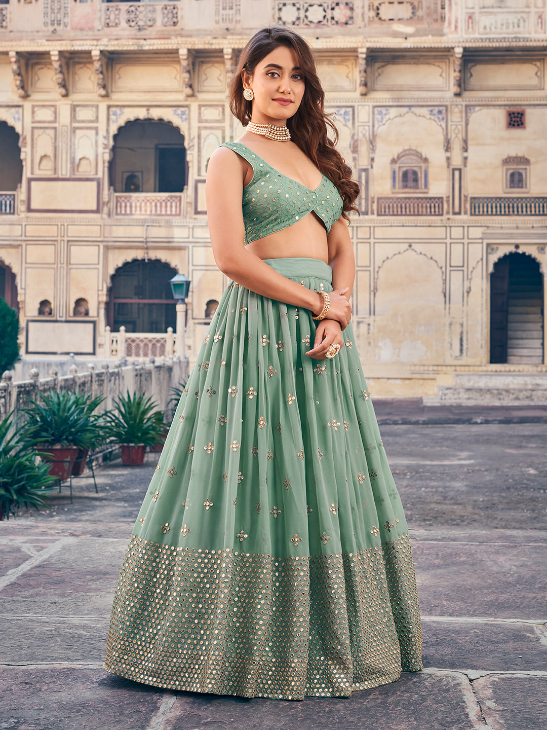 Unique Pistachio Green Color Designer Georgette Lehenga Choli