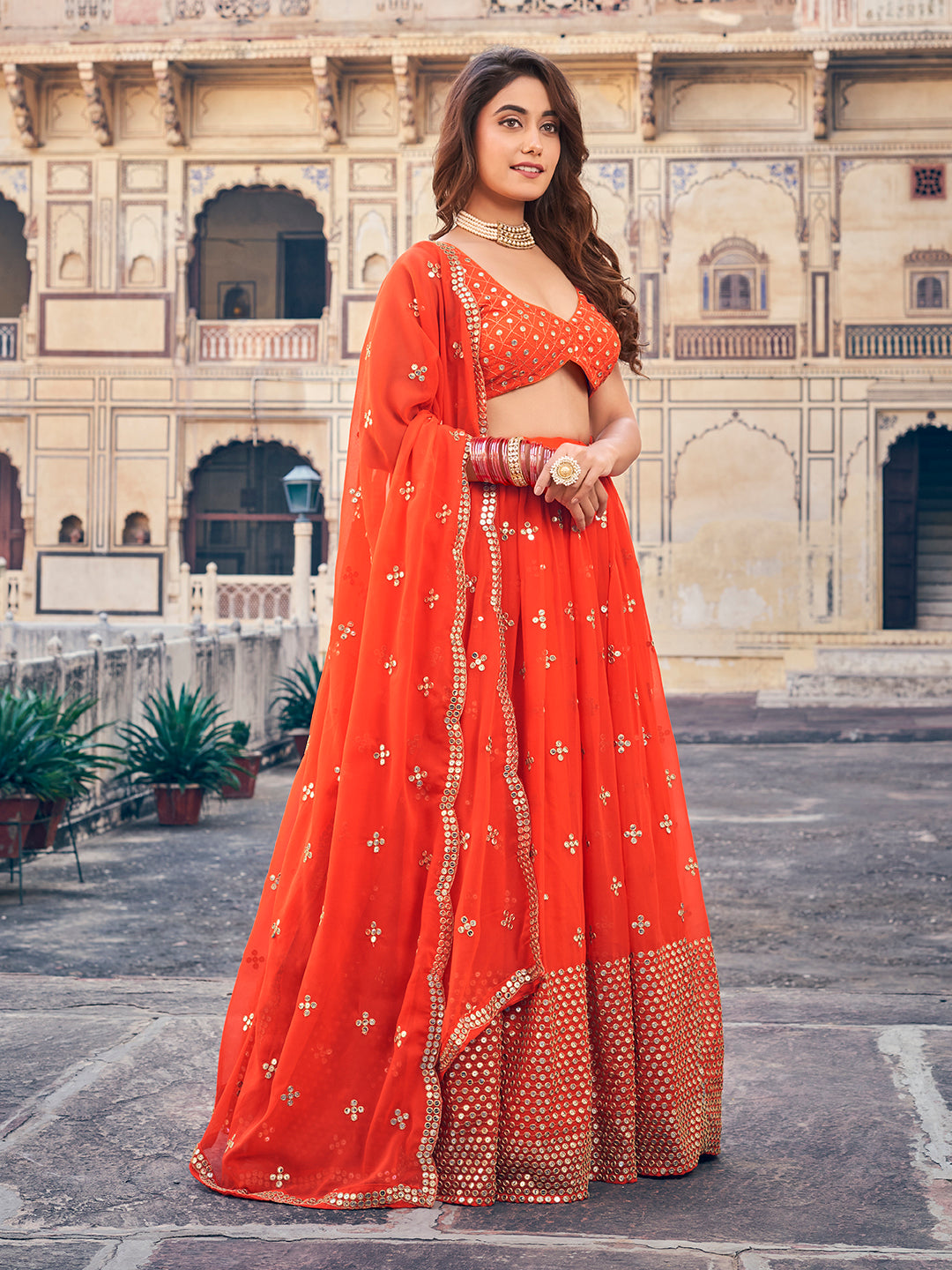 Gorgeous Orange Color Georgette Designer Lehenga Choli Set