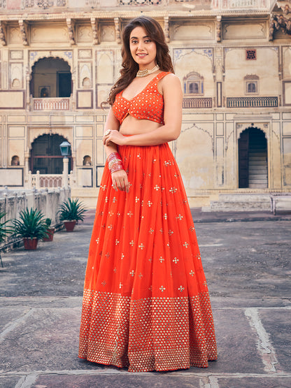 Gorgeous Orange Color Georgette Designer Lehenga Choli Set