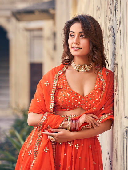 Gorgeous Orange Color Georgette Designer Lehenga Choli Set