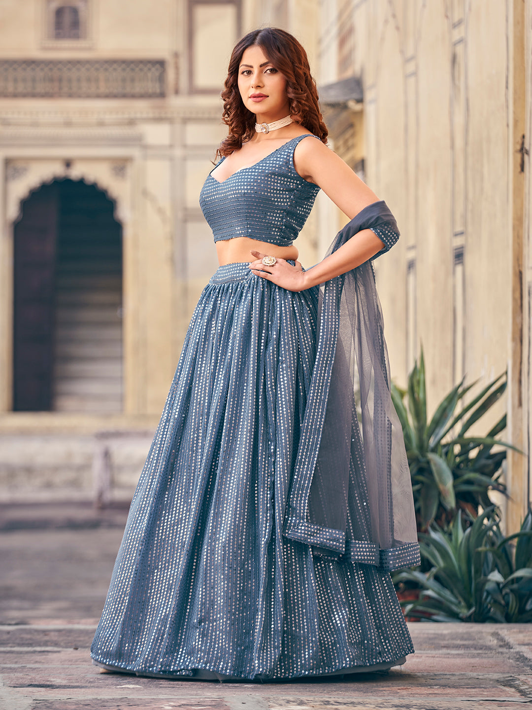 Glamorous Gray Color Georgette Sequence Party Wear Lehenga Choli Set