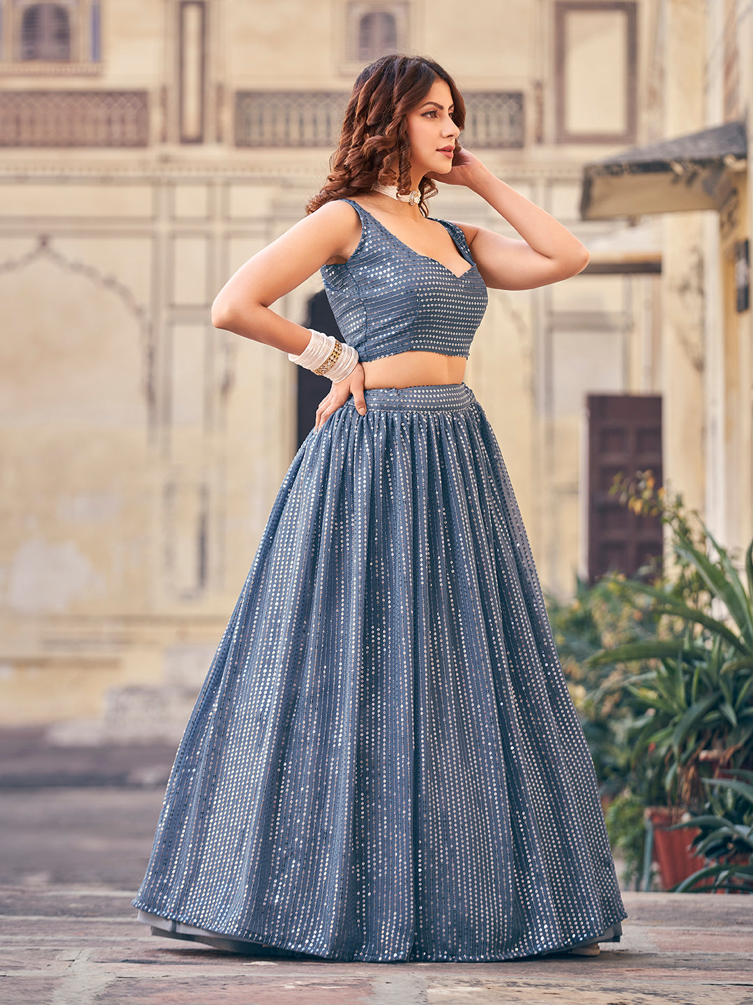 Glamorous Gray Color Georgette Sequence Party Wear Lehenga Choli Set