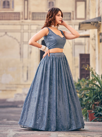 Glamorous Gray Color Georgette Sequence Party Wear Lehenga Choli Set