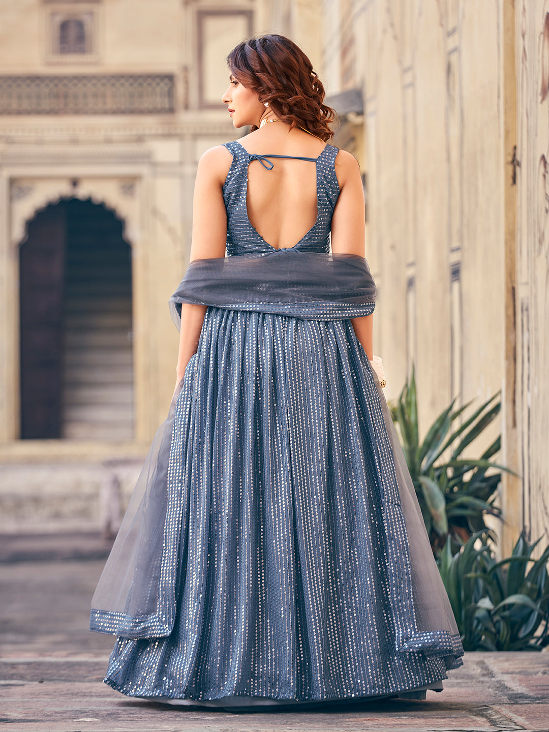 Glamorous Gray Color Georgette Sequence Party Wear Lehenga Choli Set