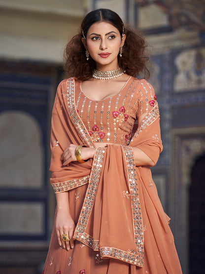 Light Rust Sequence Embroidered Georgette Lehenga Choli