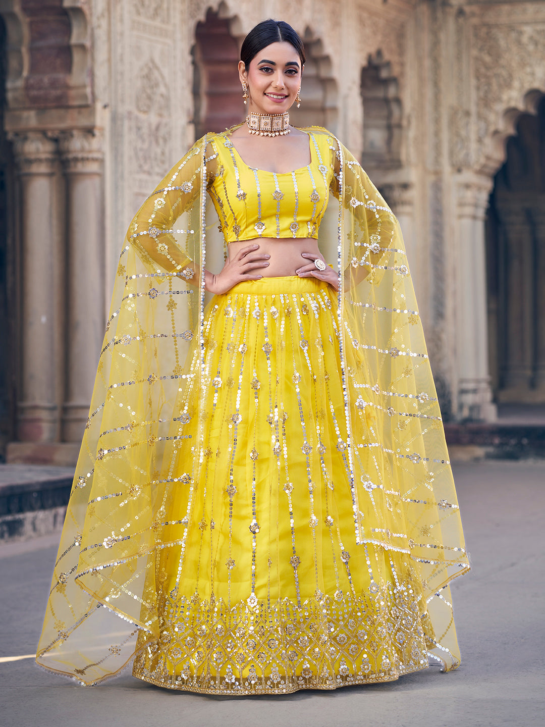 Classic Yellow Sequence Soft Net Party Wear Lehenga Choli