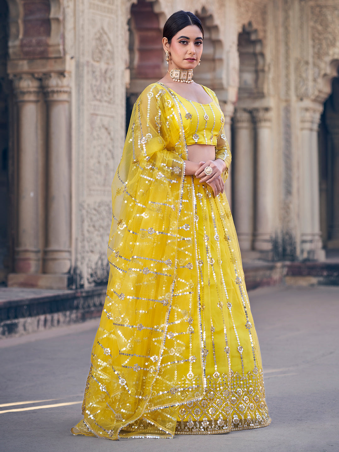 Classic Yellow Sequence Soft Net Party Wear Lehenga Choli