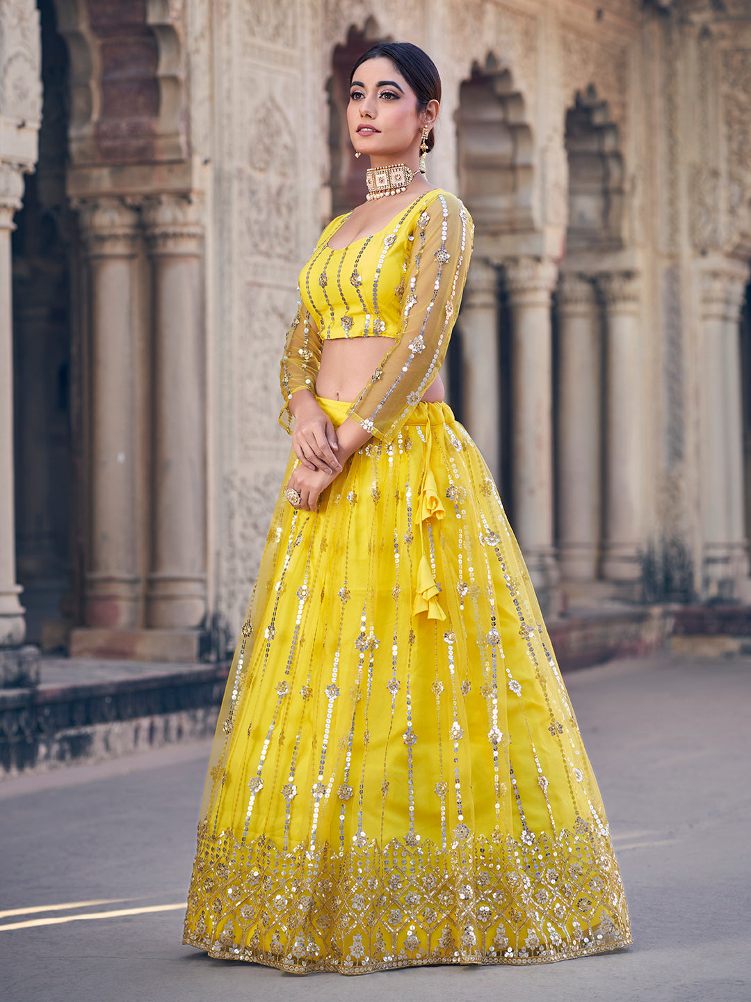 Classic Yellow Sequence Soft Net Party Wear Lehenga Choli