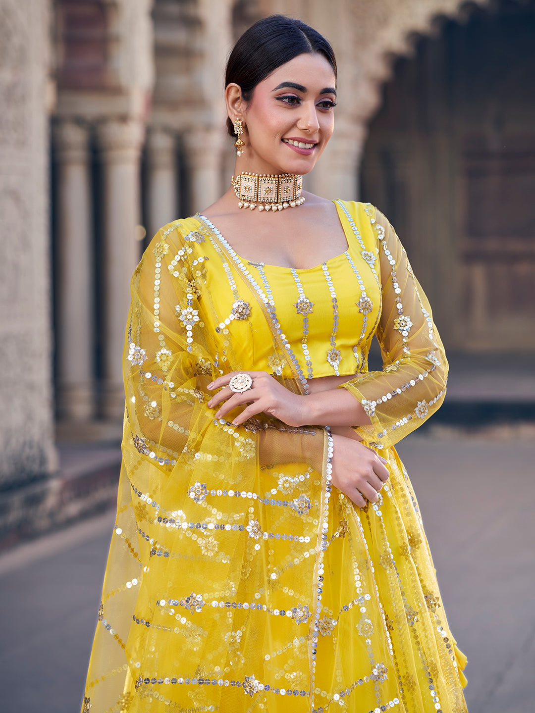 Classic Yellow Sequence Soft Net Party Wear Lehenga Choli