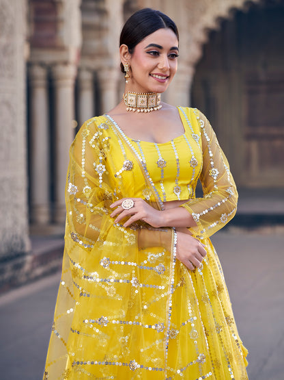 Classic Yellow Sequence Soft Net Party Wear Lehenga Choli