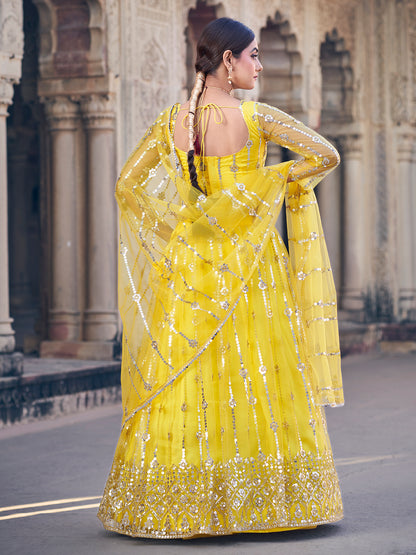 Classic Yellow Sequence Soft Net Party Wear Lehenga Choli