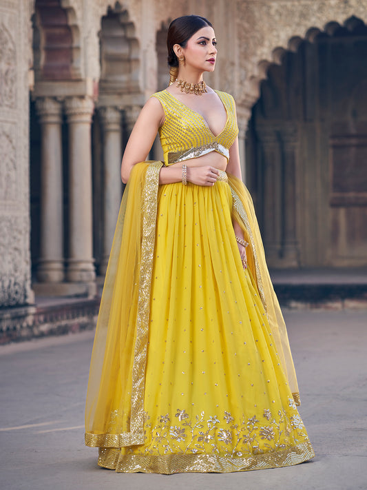 Enchanting Corn Yellow Sequence Embroidered Georgette Lehenga Choli