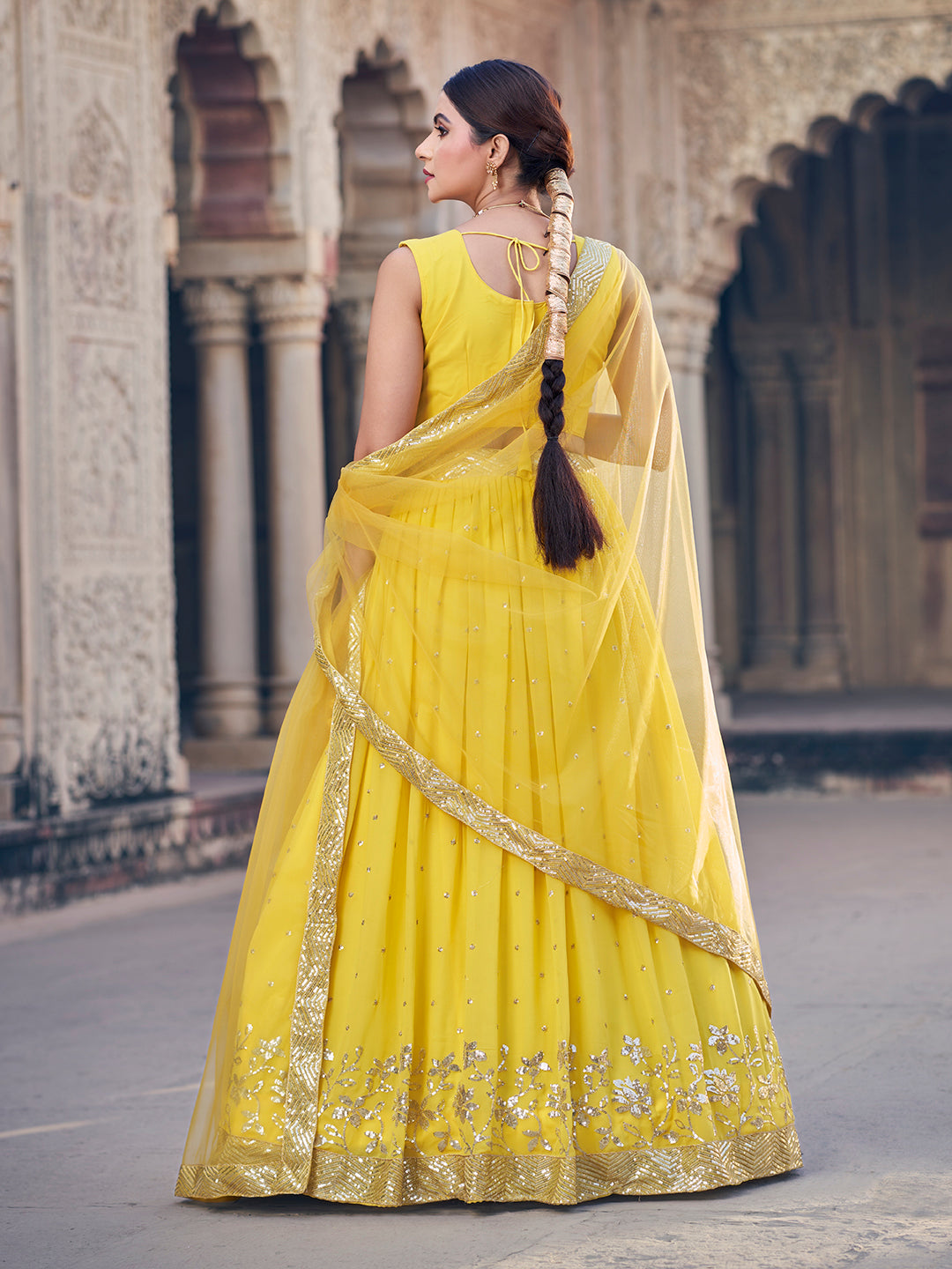 Enchanting Corn Yellow Sequence Embroidered Georgette Lehenga Choli