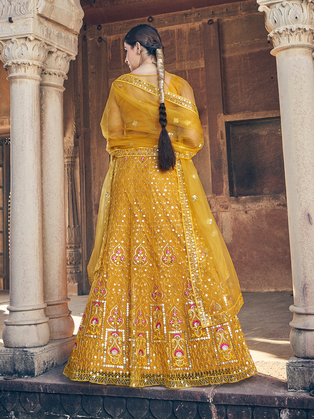 Desirable Mustard Yellow Soft Net Sequence Embroidered Eid Special Lehenga Choli