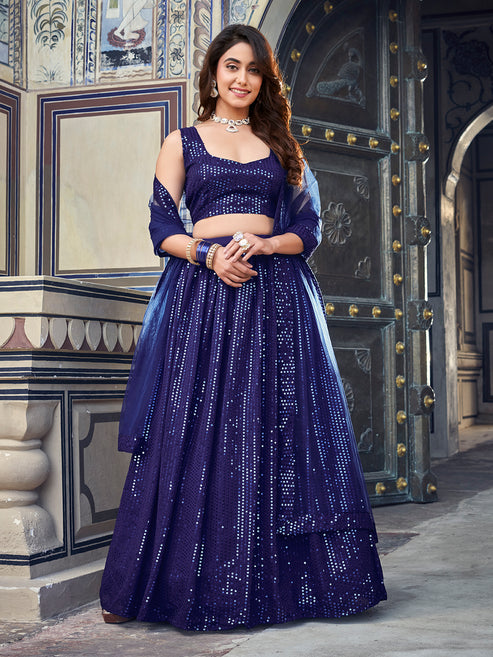 Spectacular Navy Blue Sequenced Georgette Bollywood Style Lehenga Choli